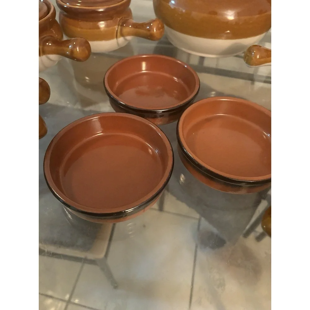 VTG Brown Drip Glaze Ceramic Soup Tureen Ladle Lid Bowls Ramekins Set Made China